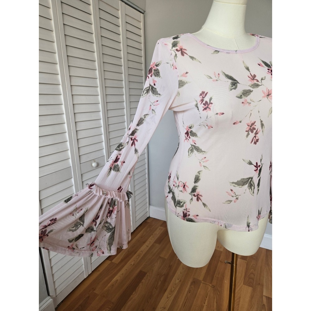 Freshman Pink Floral Mesh Long Bell Sleeve Top Sheer L Romantic Boho Fairycore - Picture 4 of 8